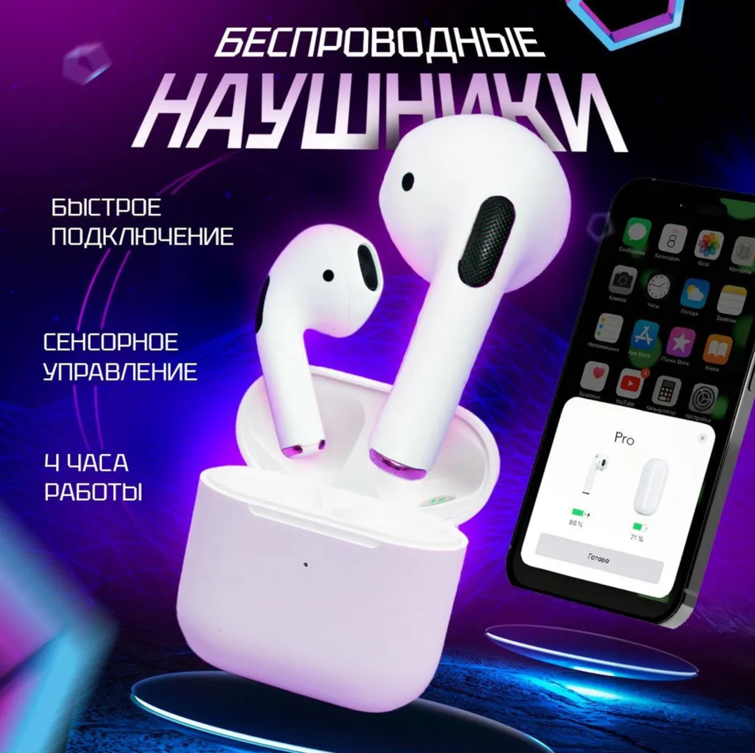 Беспроводные наушники TWS Pro ( cенсорное управление, для iPhone, Android)  цвет :белый - купить оптом недорого - описание, фото, цена